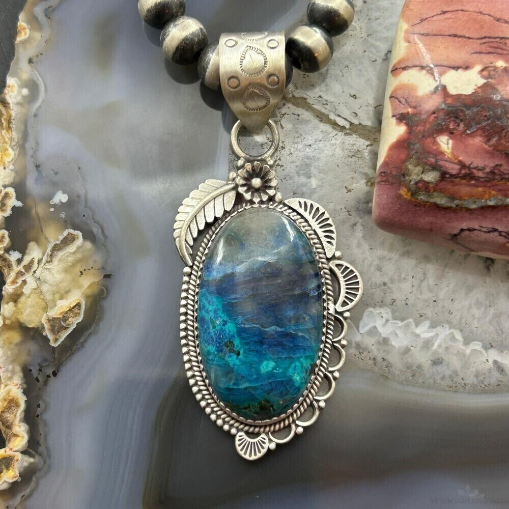 Sterling Southwestern Style Elongated Shattuckite Decorated Pendant For Women